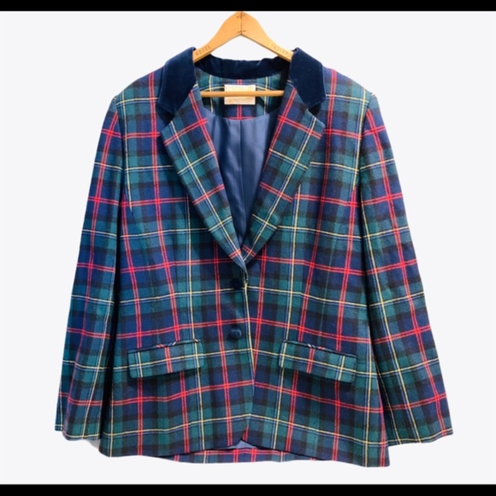 Pendleton Vintage Tartan Plaid Wool Suit Jacket Blazer Velvet Collar Size 16